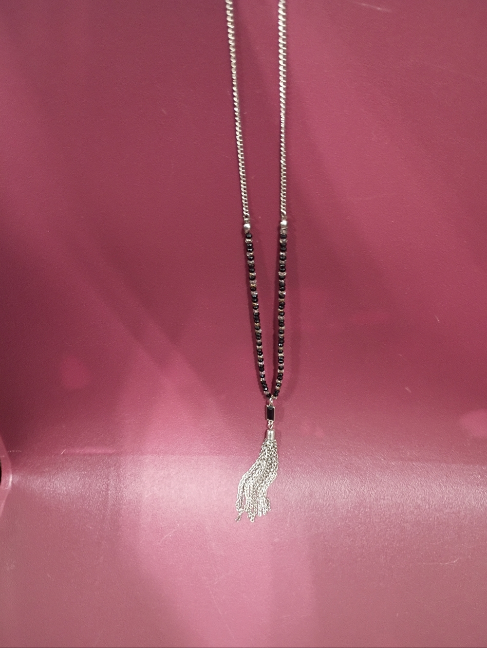 Silver Tassel Pendant Necklace - Black Bead Accent